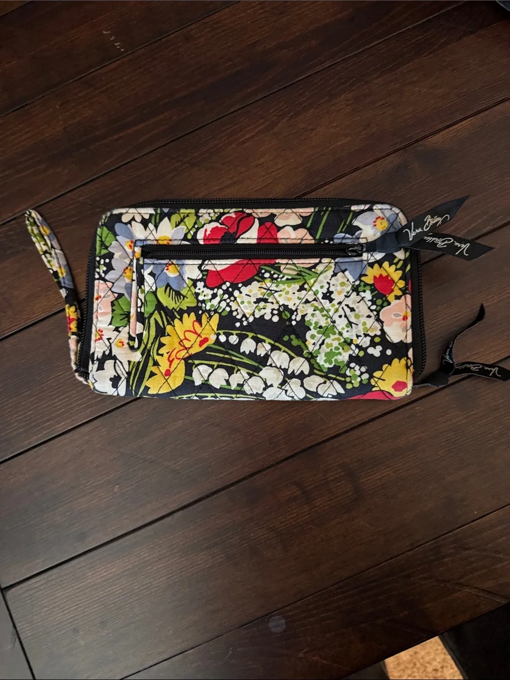 Vera Bradley Black Quilted Wristlet Clutch with Red, Yellow, Green Florals